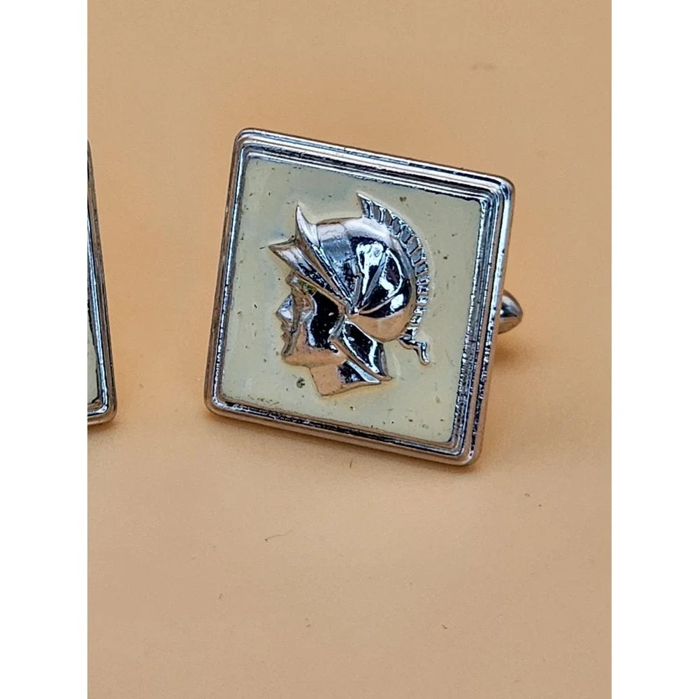 74 Yr Old Vtg SWANK USA Roman Soldier Cameo Cufflinks Silver Tone Cream Enamel